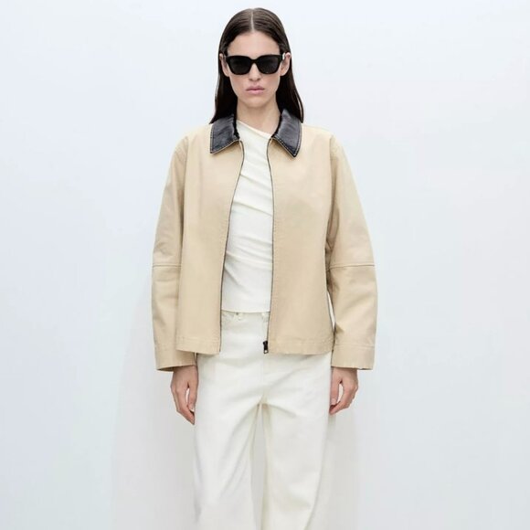 MANGO Cotton Barn Jacket w/ Leather Collar, Medium - Picture 2 of 10